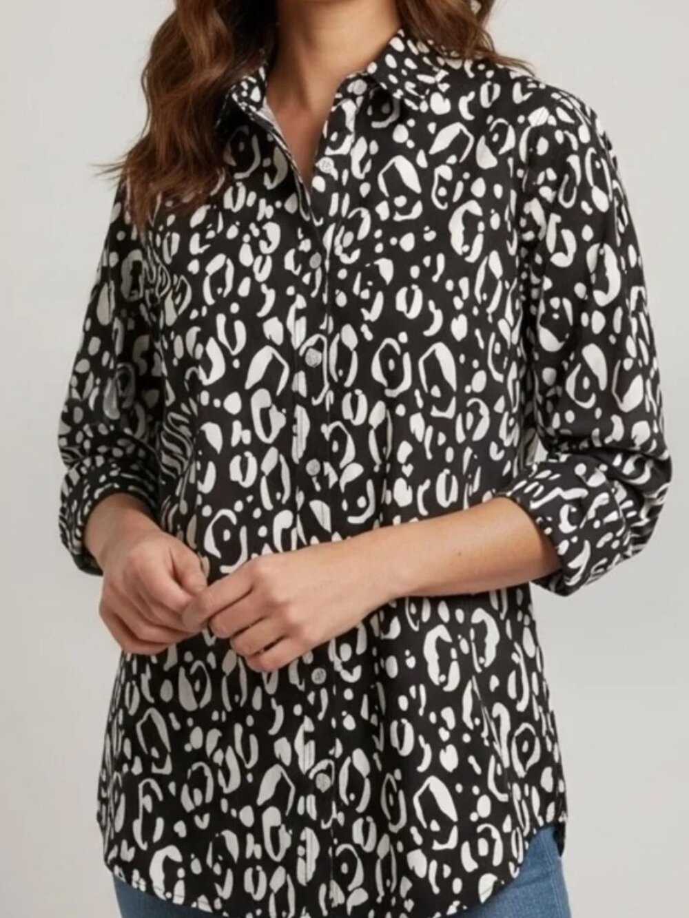 Chico's No-Iron Button-Down Shirt Black White Animal Chico’s 2 (Large / US 12)
